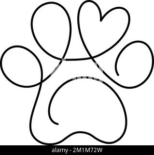 Dog or cat paw footprint and heart in continuous one line drawing logo. Minimal line art. Animal in heart. Pets love concept monoline Stock Vector