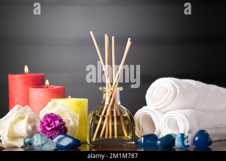 Aromatherapy concept reed diffuser on table Stock Photo