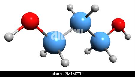 3D image of Propanediol skeletal formula - molecular chemical structure of Trimethylene glycol isolated on white background Stock Photo