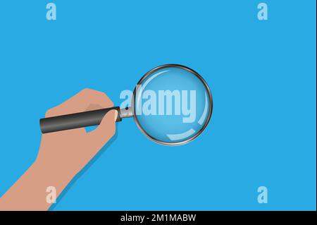 hand holding magnifying glass against blue background, research and examination concept vector illustration Stock Vector