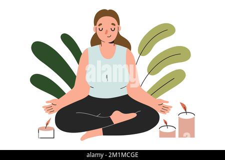 Plus size woman sits in lotus pose, practices yoga exercise, enjoys meditation. Candles burning, aromatherapy. vector illustration Stock Vector