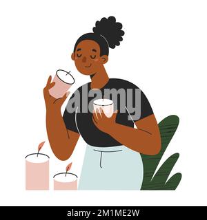 African-American woman smelling scented candles choosing perfumed aroma candle. Flat vector illustration, cartoon character Stock Vector