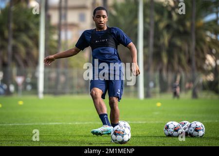 Gent's Malick Fofana pictured in action during a training session at the winter training camp of Belgian first division soccer team KAA Gent in Oliva, Spain, Tuesday 13 December 2022. BELGA PHOTO LUC CLAESSEN Stock Photo