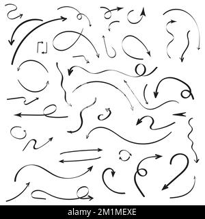 Set of hand drawn arrows icons set of different shapes, black and white drawing in a flat style. Separately on a white background. Vector illustration Stock Vector