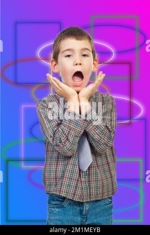 Scared and surprised six years old boy holding hands up to face and shouting isolated on white background Stock Photo