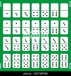 Domino. White color isolated on green background. Flat style. A complete classic domino game. Collection of 28 pieces. Vector illustration Stock Vector