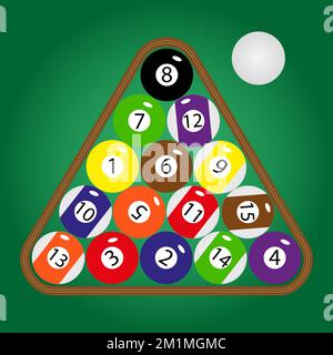 Billiard layers in a wooden rack - the starting position is usually used. Isolated illustration on green color gradient. The whole set of balloons. Ve Stock Vector
