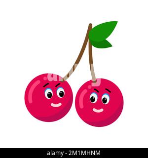 Cute and funny comic style character cherry. Cute and funny comic style. Flat cartoon vector illustration isolated on white background. red and ripe c Stock Vector