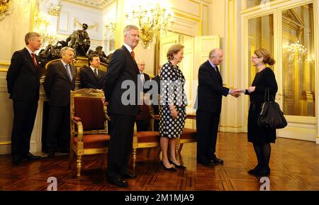 20120125 - BRUSSELS, BELGIUM: Crown Prince Philippe of Belgium, Queen Paola of Belgium and King Albert II of Belgium welcome Croatian Ambassador to the EU, Branko Baricevic as the Belgian Royal Family receives the chairmen and presidents of the European institutions, the European Commissioners and other representatives of the European institutions, at the Royal Castle in Laeken/Laken, Brussels, Wednesday 25 January 2012. BELGA PHOTO BENOIT DOPPAGNE Stock Photo