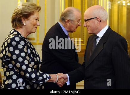 20120125 - BRUSSELS, BELGIUM: Queen Paola of Belgium and King Albert II of Belgium welcome Belgian Ambassador to the European Council, Dirk Wouters as the Belgian Royal Family receives the chairmen and presidents of the European institutions, the European Commissioners and other representatives of the European institutions, at the Royal Castle in Laeken/Laken, Brussels, Wednesday 25 January 2012. BELGA PHOTO BENOIT DOPPAGNE Stock Photo