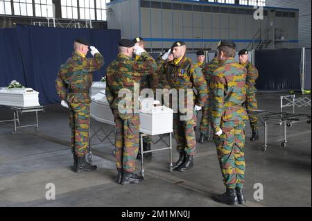 20120316 - MELSBROEK, BELGIUM: This handout picture, distributed by the Belgian Army on Friday 16 March 2012, shows soldiers salute at one of the coffins of the victims of the bus crash in Sierre, after arriving at Melsbroek military airport, Friday 16 March 2012. Tuesday evening there was a dramatic bus accident in a tunnel, in Sierre, Switzerland Valais. 28 persons including 22 children died in the accident of a Belgian coach, the 24 other kids are injured, the children from two schools of Lommel and Heverlee, were on the way home from ski vacation. BELGA PHOTO HANDOUT BELGIAN ARMY Stock Photo