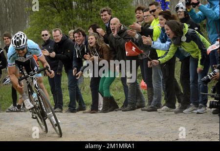 20120408 - ROUBAIX, FRANCE: Belgian Tom Boonen of team Omega Pharma - Quick Step rides during the one day cycling race Paris-Roubaix, 257,5 km from Paris to Roubaix, Sunday 08 April 2012 in France. BELGA PHOTO BENOIT DOPPAGNE Stock Photo