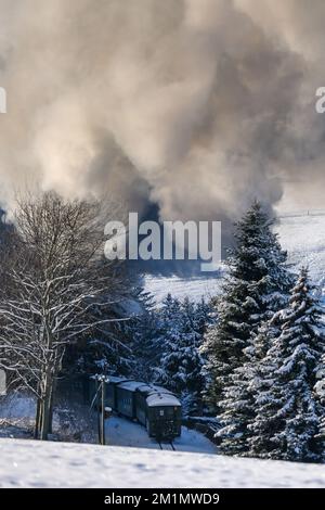 Cranzahl, Germany. 13th Dec, 2022. The Fichtelberg Railway makes its way through the snowy winter forest in the Ore Mountains with plenty of smoke and clouds of smoke. The narrow-gauge railroad is struggling with increased coal prices. The Sächsisches Dampfeisenbahngesellschaft mbH (SDG) needs around 800 tons of coal per year for the Fichtelberg, Lößnitzgrund and Weißeritztalbahn. To save money, it therefore now only operates one steam locomotive on the line. The other railroads are also thinning out operations at off-peak times. Credit: Jan Woitas/dpa/Alamy Live News Stock Photo