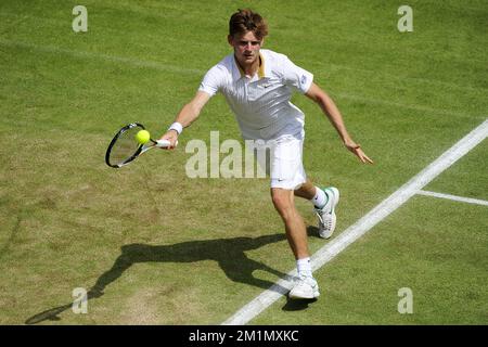 20120628 - LONDON, UNITED KINGDOM: Belgian David Goffin pictured during the second round match of Belgian David Goffin (ATP 106) against Canadian Jesse Levine (ATP 106) at the men's singles at the 2012 Wimbledon grand slam tennis tournament at the All England Tennis Club, in southwest London, Thursday 28 June 2012. BELGA PHOTO DIRK WAEM Stock Photo