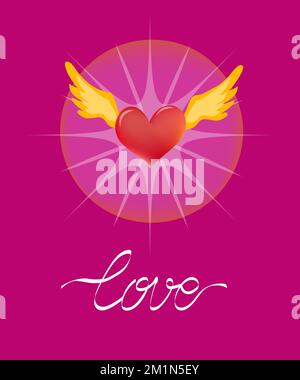 Love ribbon word with shiny winged heart Stock Vector