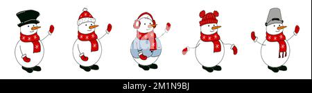 Set of Snowman with hat and scarf isolated on white background. Hand drawing illustration. Stock Photo