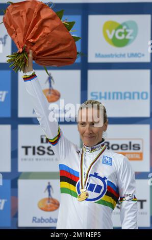20120918 - VALKENBURG, NETHERLANDS: German Judith Arnd pictured on the podium after the individual elite women's time trial, 24,3km in Valkenburg at the UCI Road World Cycling Championships, Tuesday 18 September 2012 in Valkenburg, the Netherlands. BELGA PHOTO DIRK WAEM Stock Photo
