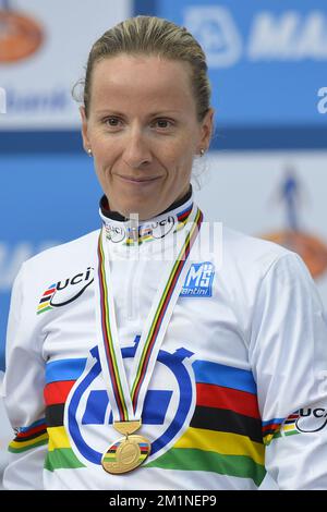 20120918 - VALKENBURG, NETHERLANDS: Winner of the gold medal German Judith Arndt pictured on the podium after the individual elite women's time trial, 24,3km in Valkenburg at the UCI Road World Cycling Championships, Tuesday 18 September 2012 in Valkenburg, the Netherlands. BELGA PHOTO DIRK WAEM Stock Photo