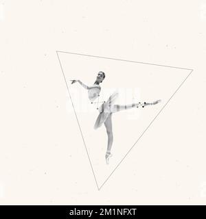 Contemporary art collage. Tender, young ballerina dancing over light beige background Stock Photo