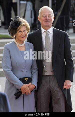 20121020 - LUXEMBOURG, LUXEMBOURG: Marie, Princess of Liechtenstein and Hans-Adam II, Prince of Liechtenstein pictured at the arrival at the Notre-Dame cathedral of Luxembourg, for the religious marriage of Crown Prince Guillaume of Luxembourg and Princess Stephanie, Saturday 20 October 2012, in Luxembourg city. The marriage celebrations last two days. BELGA PHOTO NICOLAS LAMBERT Stock Photo