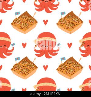 Takoyaki seamless pattern vector asian food. Cute takoyaki on white background. Wallpaper Stock Vector