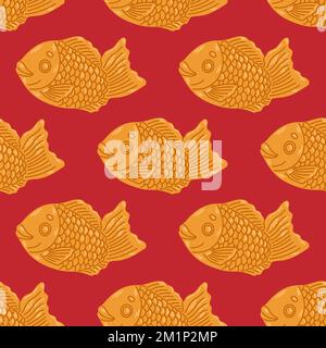 Taiyaki seamless pattern. Fish-shaped cake with red bean filling. Japanese street food. Cartoon vector illustration. Stock Vector