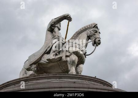 Tsonjin Boldog, Ulaanbaatar, Mongolia - September, 2022 - Chinggis Khaan sculpture on a cloudy day. One of the biggest sculptures of the world with a Stock Photo