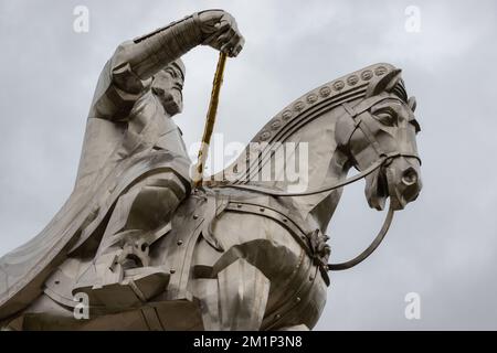 Tsonjin Boldog, Ulaanbaatar, Mongolia - September, 2022 - Chinggis Khaan sculpture on a cloudy day. One of the biggest sculptures of the world with a Stock Photo