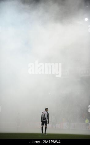 fireworks pictured during a soccer match between Oud-Heverlee Leuven ...