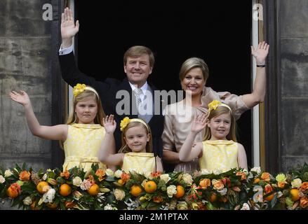Crown Princess Catharina-Amalia of the Netherlands, King Willem-Alexander of the Netherlands, Princess Ariane of the Netherlands, Queen Maxima of the Netherlands and Princess Alexia of the Netherlands pictured the investiture of Prince Willem Alexander as King, Tuesday 30 April 2013, in Amsterdam, The Netherlands. Dutch Queen Beatrix, who ruled the Netherlands for 33 years, announced on 28,January 2013 her abdication from the throne in favour of her son, Prince Willem-Alexander.   Stock Photo