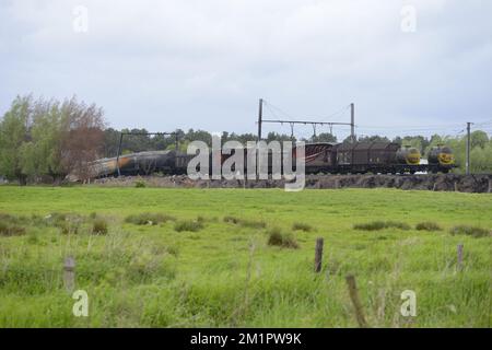 Illustration picture shows the train wreck in Wetteren, Friday 10 May 2013. On Saturday night a freight train derailed and exploded on a track near Schellebelle (part of Wichelen, Wetteren). The train contained the chemical product acrylonitrile, a toxic and inflammable fluid that can cause breathing problems. Emergency services evacuated some 500 residents. One local resident died and 49 persons were brought to hospital.  Stock Photo