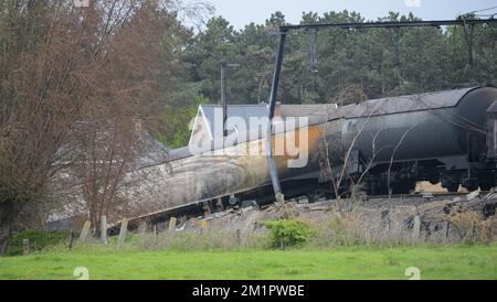 Illustration picture shows the wreck of the derailed train in Wetteren, Friday 10 May 2013. On Saturday night a freight train derailed and exploded on a track near Schellebelle (part of Wichelen, Wetteren). The train contained the chemical product acrylonitrile, a toxic and inflammable fluid that can cause breathing problems. Emergency services evacuated some 500 residents. One local resident died and 49 persons were brought to hospital.  Stock Photo