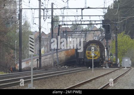 Illustration picture shows the train wreck in Wetteren, Friday 10 May 2013. On Saturday night a freight train derailed and exploded on a track near Schellebelle (part of Wichelen, Wetteren). The train contained the chemical product acrylonitrile, a toxic and inflammable fluid that can cause breathing problems. Emergency services evacuated some 500 residents. One local resident died and 49 persons were brought to hospital.  Stock Photo