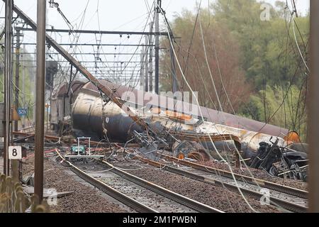 Illustration picture shows the wrecked train in Wetteren, Saturday 11 May 2013. In the night from Friday 3 to Saturday 4 May a freight train derailed and exploded on a track near Schellebelle (part of Wichelen, Wetteren). The train contained the chemical product acrylonitrile, a toxic and inflammable fluid that can cause breathing problems. Emergency services evacuated some 2000 residents. One local resident died and 49 persons were brought to hospital.  Stock Photo