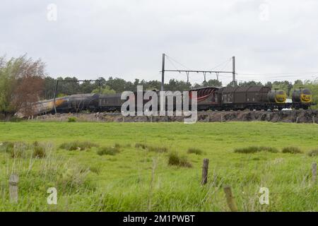 Illustration picture shows the train wreck in Wetteren, Friday 10 May 2013. On Saturday night a freight train derailed and exploded on a track near Schellebelle (part of Wichelen, Wetteren). The train contained the chemical product acrylonitrile, a toxic and inflammable fluid that can cause breathing problems. Emergency services evacuated some 500 residents. One local resident died and 49 persons were brought to hospital.  Stock Photo