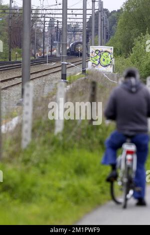 Illustration picture shows the wrecked train in Wetteren, Saturday 11 May 2013. In the night from Friday 3 to Saturday 4 May a freight train derailed and exploded on a track near Schellebelle (part of Wichelen, Wetteren). The train contained the chemical product acrylonitrile, a toxic and inflammable fluid that can cause breathing problems. Emergency services evacuated some 2000 residents. One local resident died and in a week, 397 persons were brought to hospital, for intoxication and control.  Stock Photo