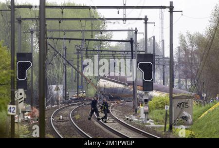 Illustration picture shows the wrecked train in Wetteren, Saturday 11 May 2013. In the night from Friday 3 to Saturday 4 May a freight train derailed and exploded on a track near Schellebelle (part of Wichelen, Wetteren). The train contained the chemical product acrylonitrile, a toxic and inflammable fluid that can cause breathing problems. Emergency services evacuated some 2000 residents. One local resident died and in a week, 397 persons were brought to hospital, for intoxication and control.  Stock Photo