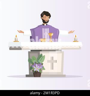 Priest behind the altar with purple chasuble celebrating the eucharist. Vector illustration Stock Vector