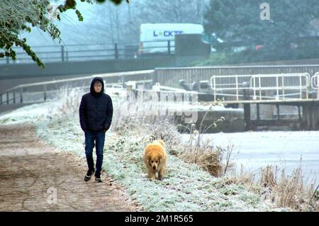 Glasgow, Scotland, UK 13th December, 2022. UK Weather: dog walker  Freezing temperatures saw a Cold night give rise to  frozen forth and clyde canal and freat western road  in knightswood in the north of the city.  Credit Gerard Ferry/Alamy Live News Stock Photo