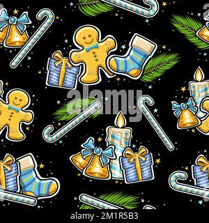 Vector Christmas seamless pattern, square repeat background with illustration of golden christmas bells with bow, cartoon burning candle, fir branches Stock Vector