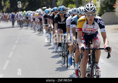 Belgian Bart De Clercq of Lotto - Belisol leads the pack during the tenth stage of the Tour de France, 197km from Saint-Gildas-des-Bois to Saint-Malo, France. Stock Photo