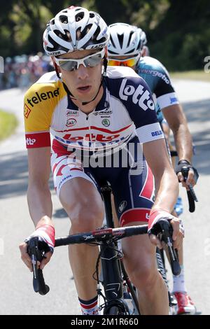 Belgian Bart De Clercq of Lotto - Belisol leads the pack during the tenth stage of the Tour de France, 197km from Saint-Gildas-des-Bois to Saint-Malo, France. Stock Photo