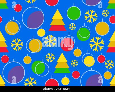 Christmas seamless pattern. Christmas balls in a linear style, snowflakes and geometric Christmas trees made of triangles in the 80s style. Vector ill Stock Vector