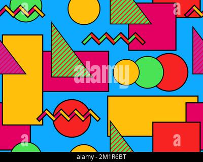 Memphis seamless pattern with geometric shapes in 80s style.  Colorful geometric shapes, bauhaus style elements. Design of promotional products, wrapp Stock Vector