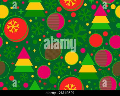 Christmas seamless pattern. Christmas balls in a linear style, snowflakes and geometric Christmas trees made of triangles in the 80s style. Vector ill Stock Vector