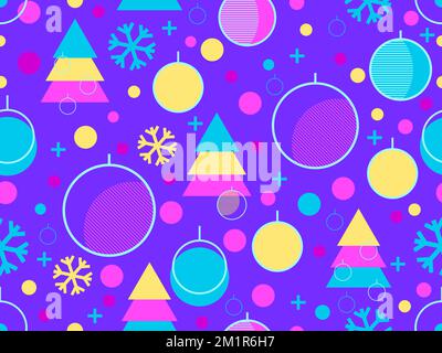 Christmas seamless pattern. Christmas balls in a linear style, snowflakes and geometric Christmas trees made of triangles in the 80s style. Vector ill Stock Vector