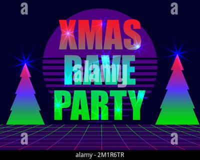 Xmas rave party. Text with palm trees, gradient christmas colors. Merry ...