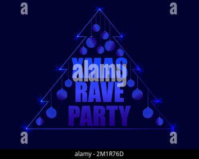 Xmas rave party. Glowing shining Christmas tree with text in futuristic style. Outline of a Christmas tree with hanging striped balls. Design for post Stock Vector