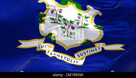 Close-up view of the Connecticut State flag waving in the wind. Fabric textured background. US federal state. Realistic 3D Illustration Stock Photo