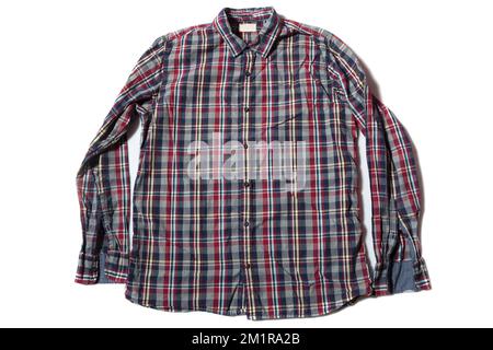 red blue check long sleeve button up mens shirt Stock Photo